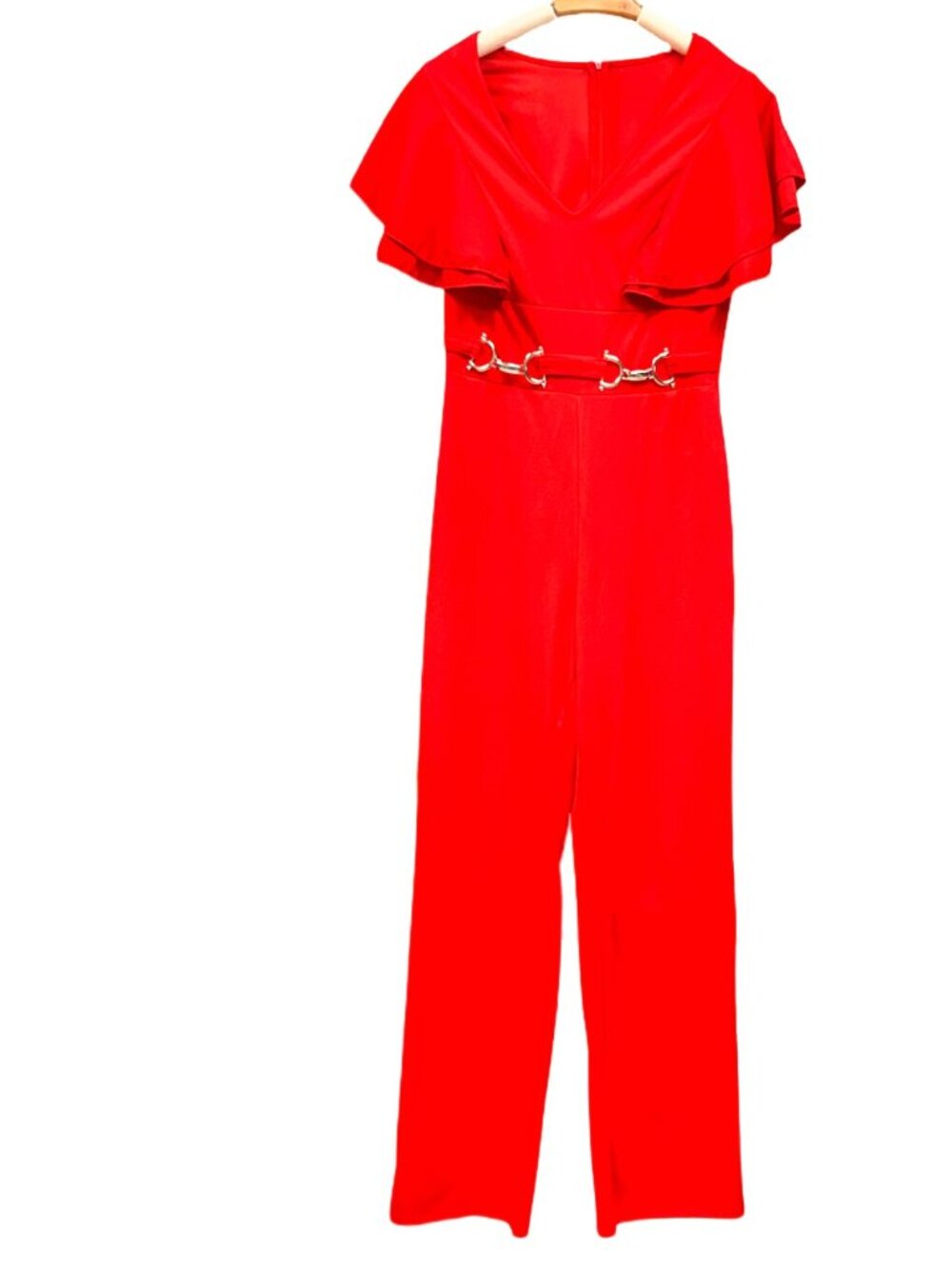Red Wide Leg Jumpsuit V-neck Short Sleeve Breathable Flowy Silver Belt Detail MD